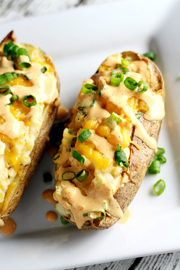 Twice Baked Potato W/ Sriracha Cream Sauce|www.mannaandspice.com