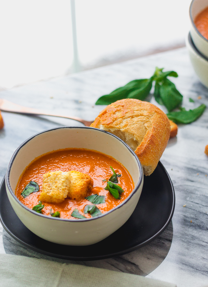 creamy cozy back-pocket tomato soup, totally customizable, dairy-free, vegan, whole30 & paleo friendly. All of the flavor and kid friendly!|www.mannaandspice.com